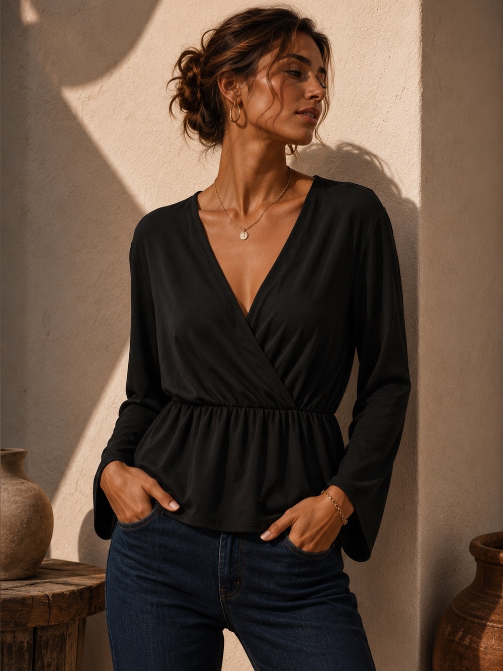 740. Black Long-Sleeve V-Neck Peplum Top - Women